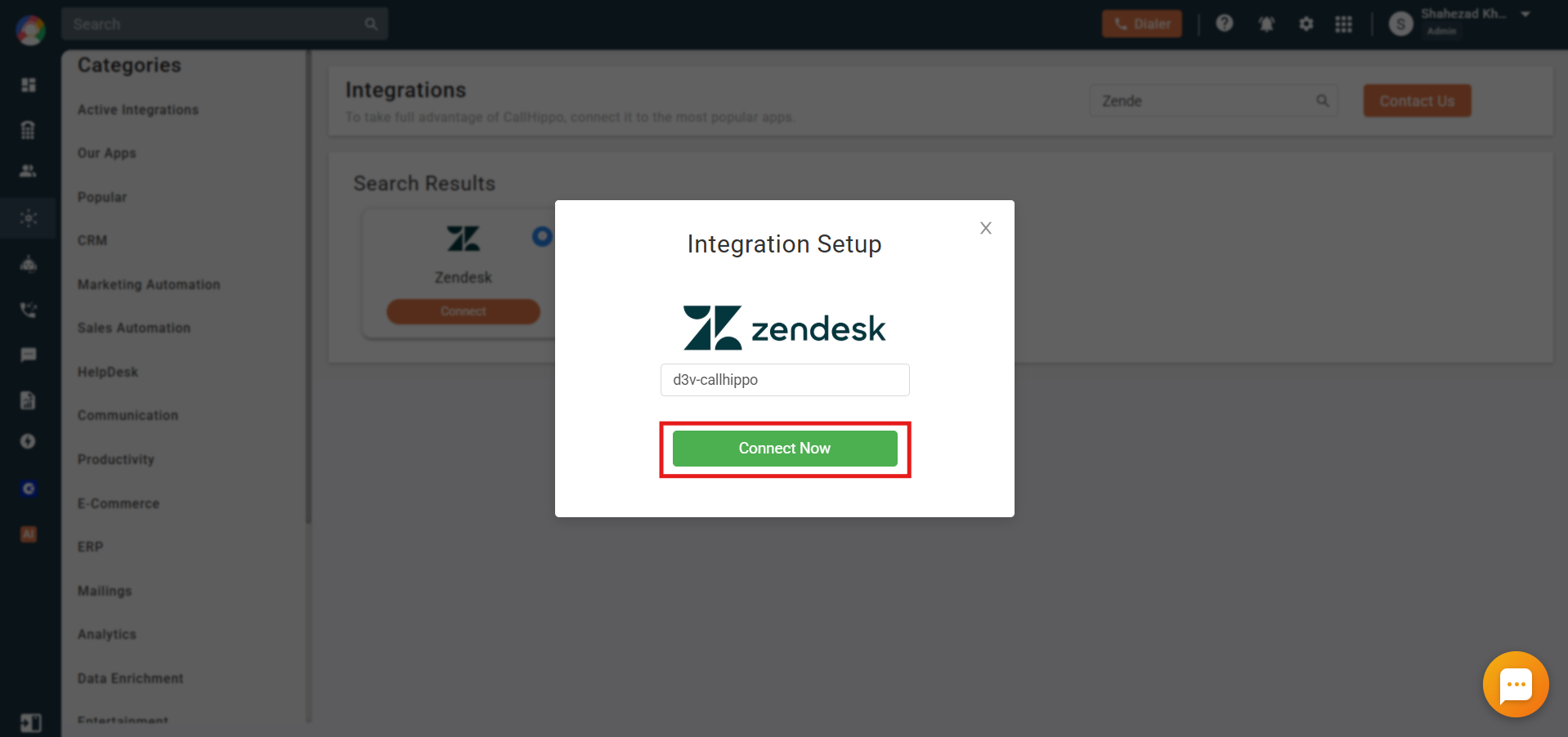 CallHippo Integration Setup popup for Zendesk with the subdomain entered and Connect Now highlighted