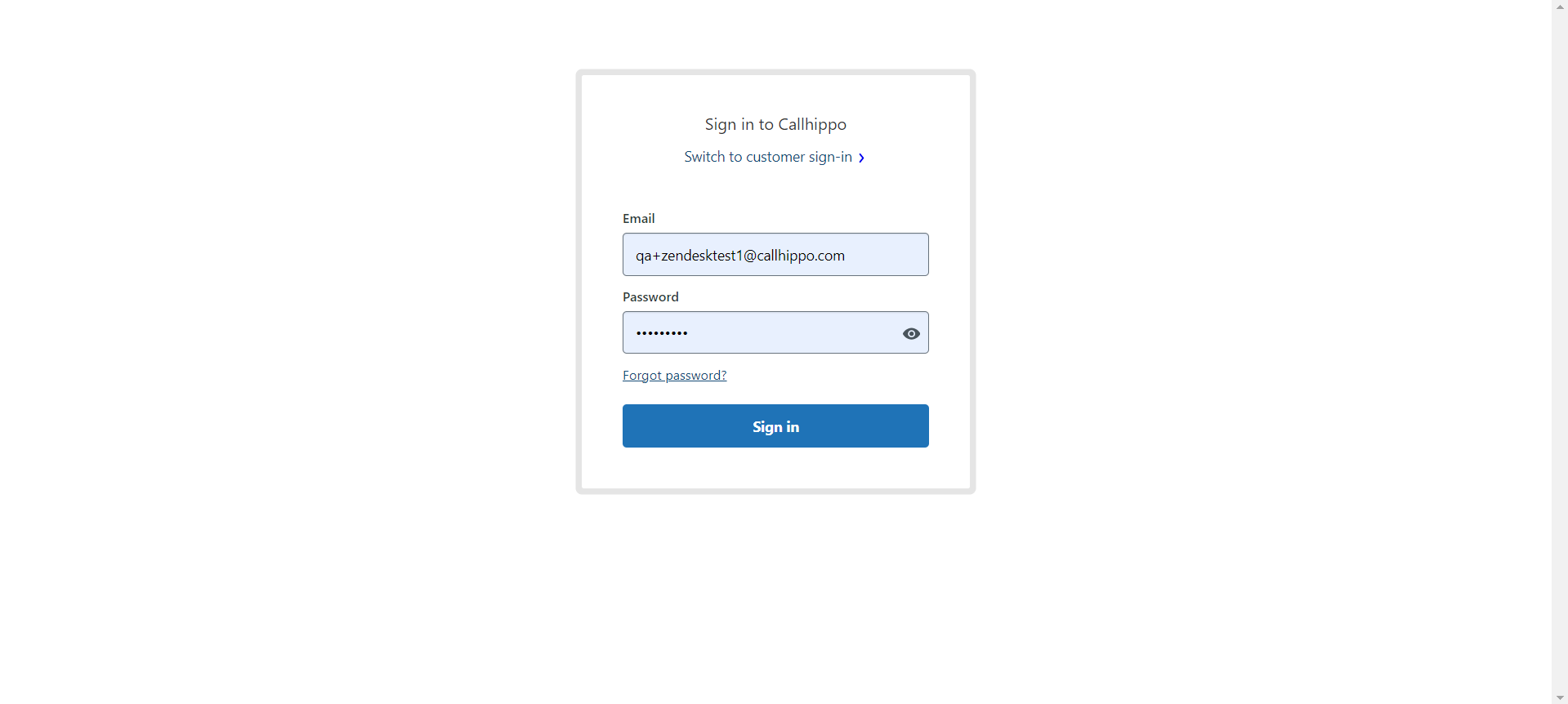 Zendesk sign-in prompt for CallHippo with email and password entered