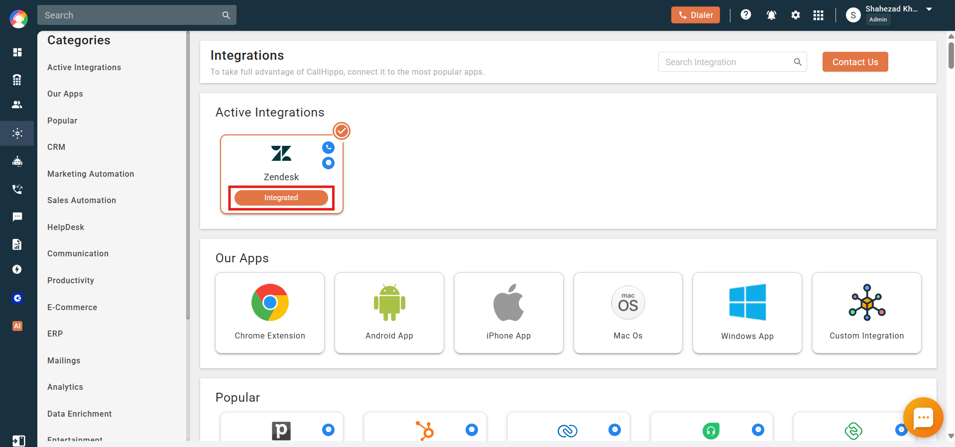 CallHippo Active Integrations showing the Zendesk card with an Integrated status