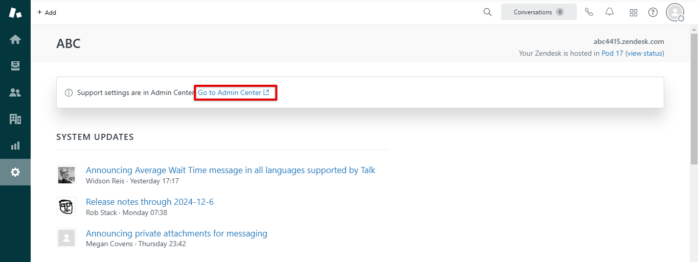 Zendesk Settings home with the Go to Admin Center link highlighted