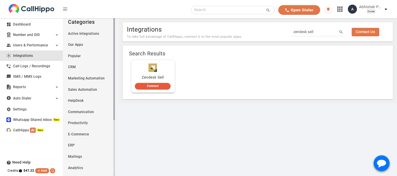 CallHippo Integrations search result for Zendesk Sell with Connect button