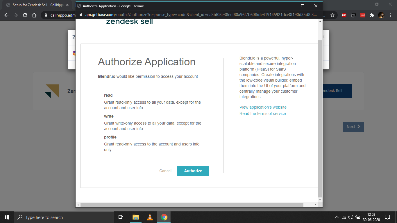 Zendesk Sell Authorize Application page granting access with Authorize button