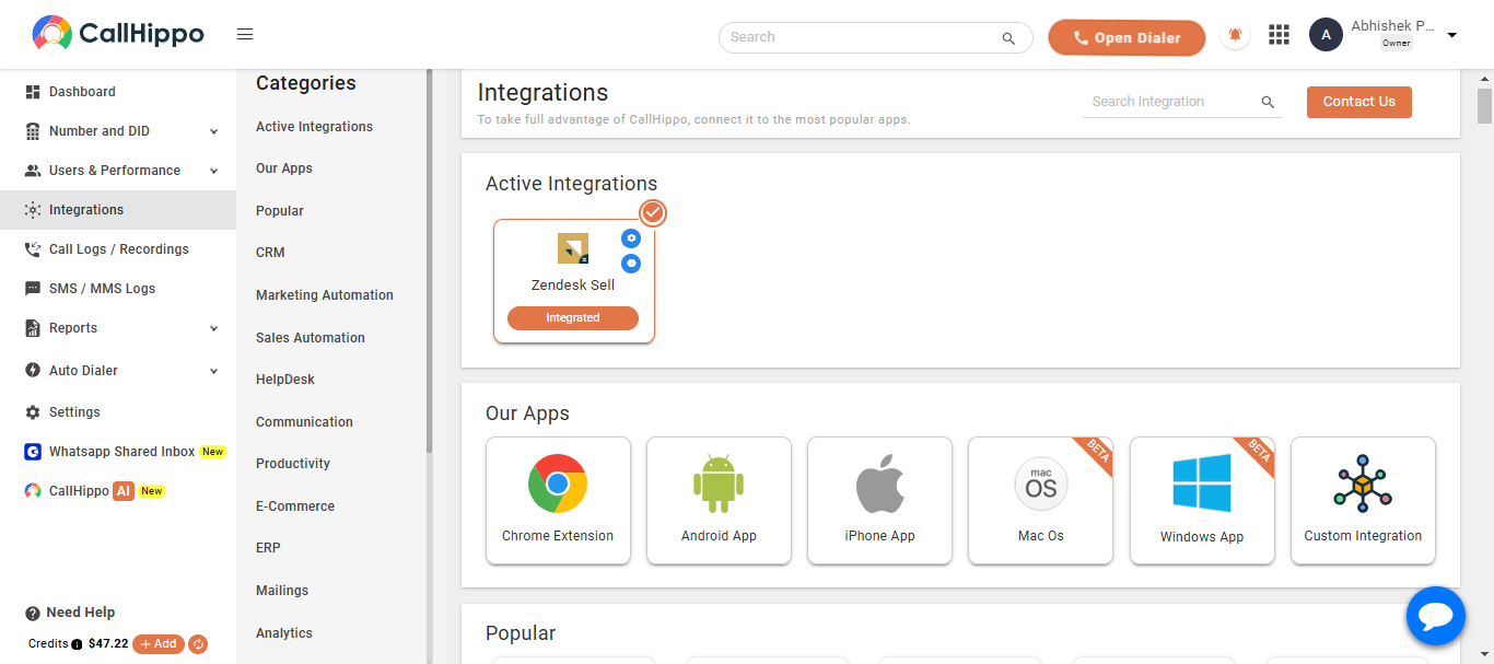 CallHippo Active Integrations showing Zendesk Sell marked as Integrated