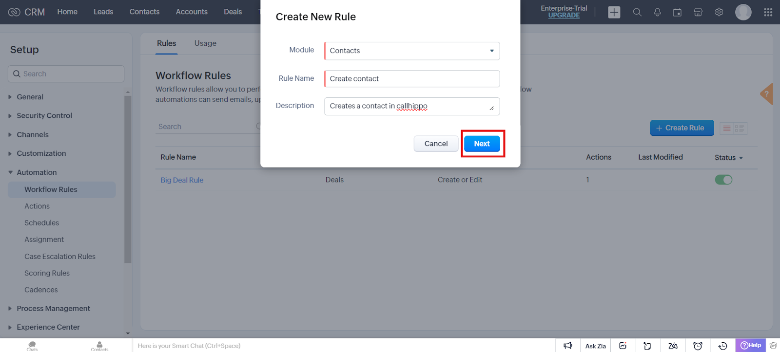 Create New Rule popup with Contacts module and Create contact rule name