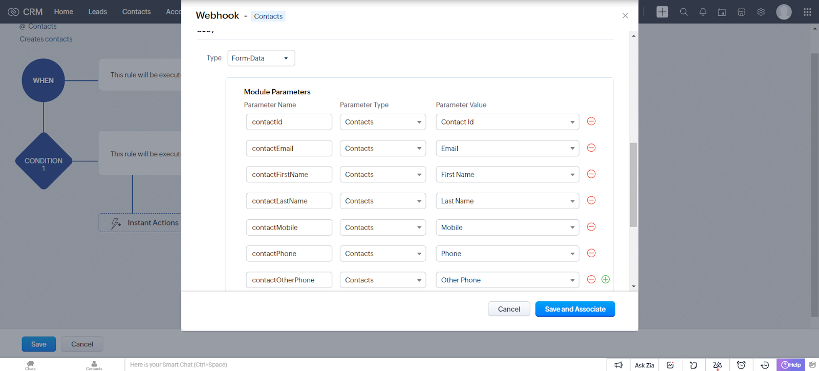 Add Contact webhook body set to Form-Data with contact module parameters mapped