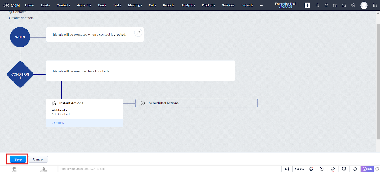 Add Contact workflow diagram with the Webhooks action and the Save button highlighted