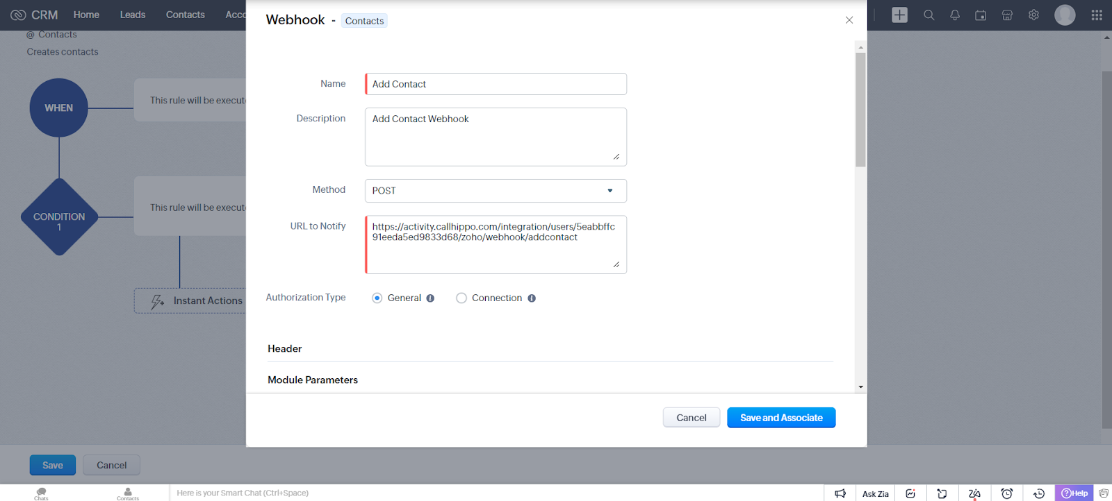 Add Contact webhook form with POST method and the CallHippo addcontact notify URL