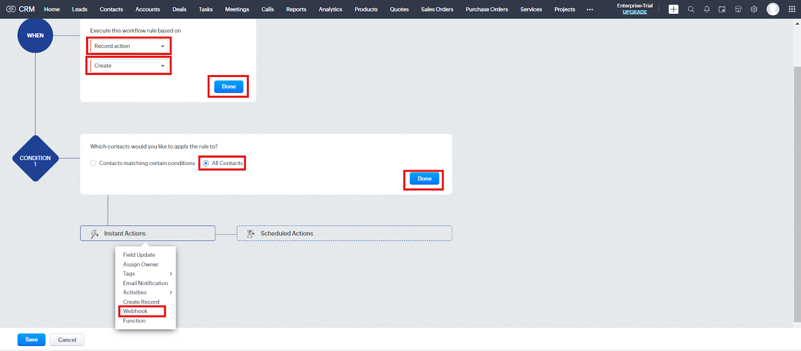 Zoho workflow set to Record action Create for All Contacts with Webhook selected under Instant Actions