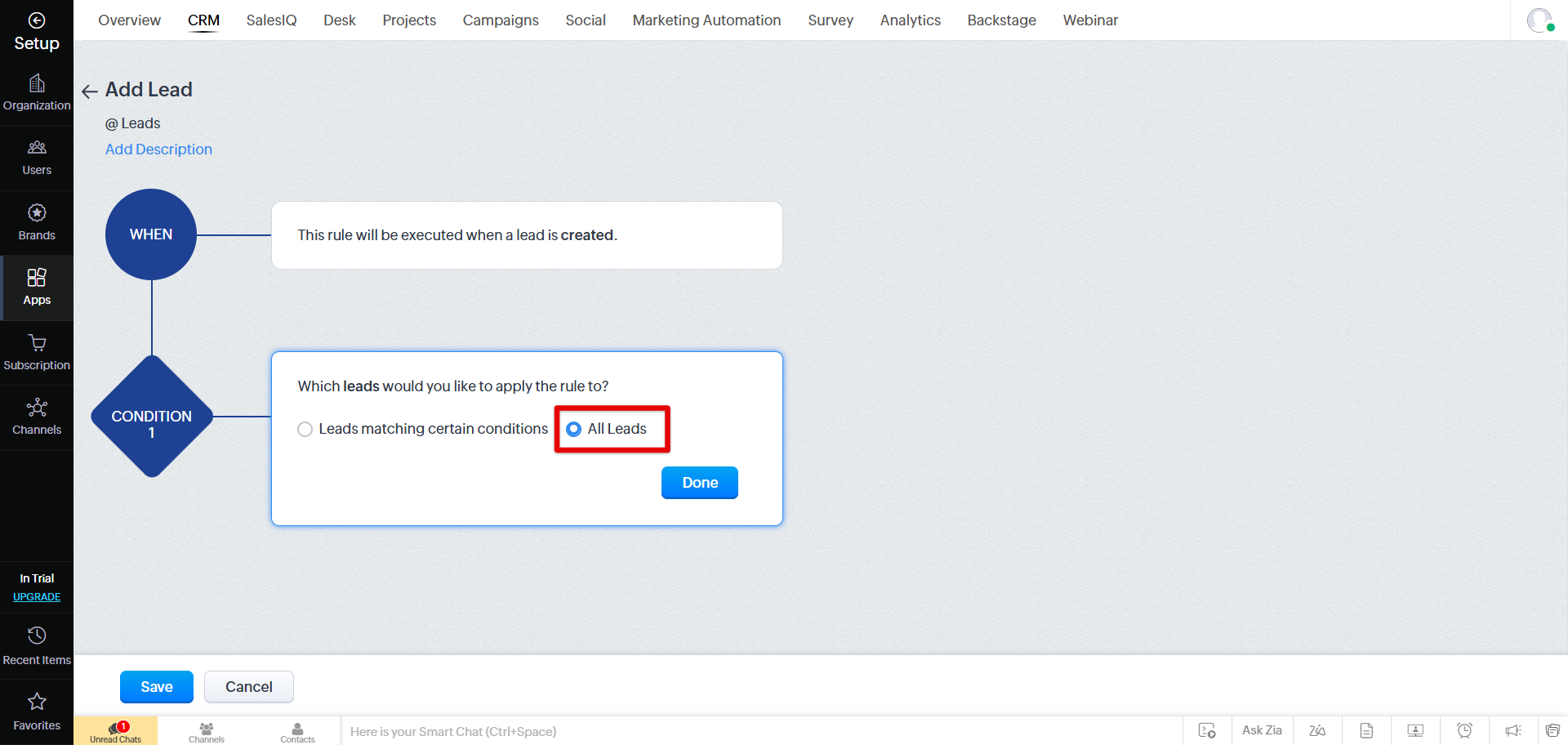 Add Lead condition set to All Leads in Zoho CRM