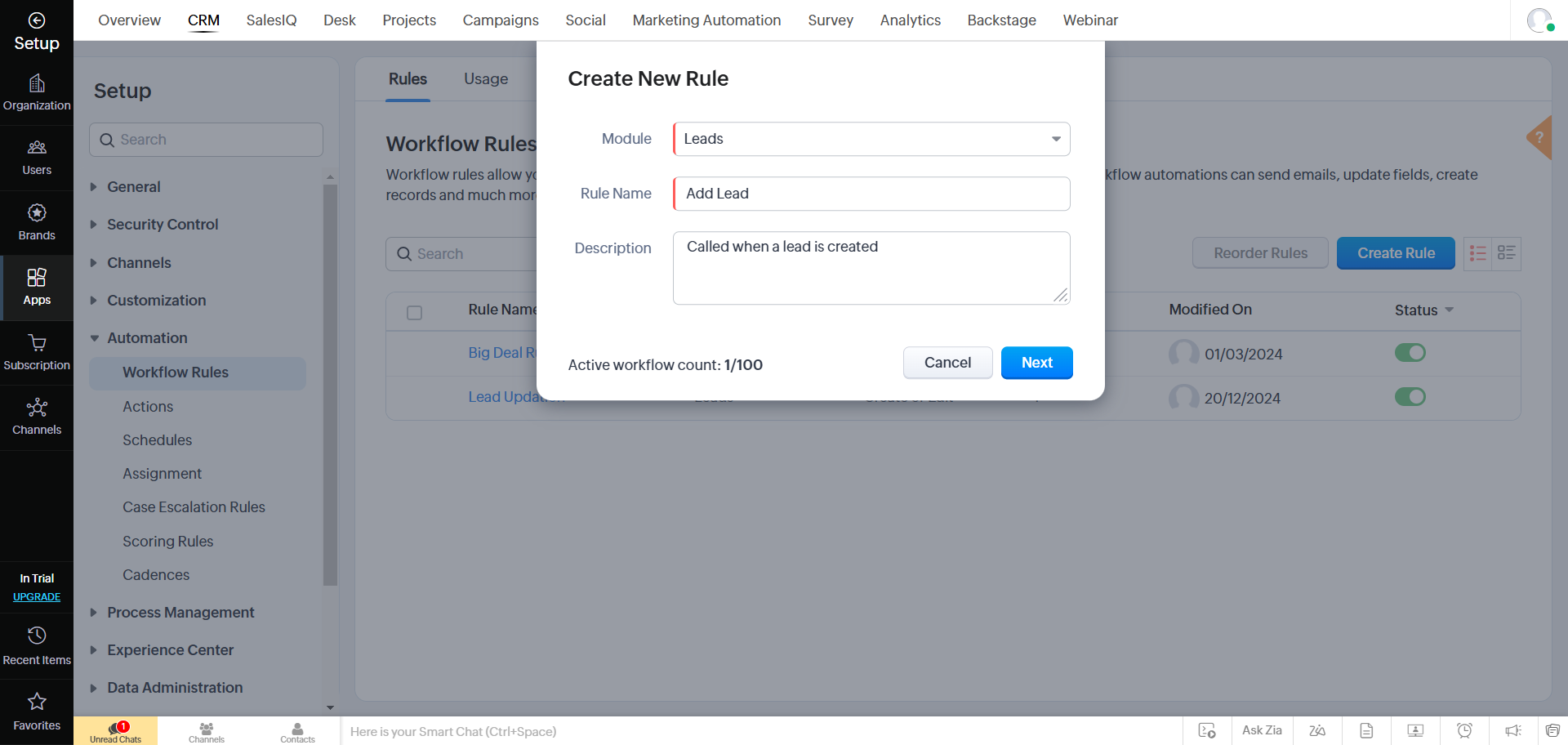Create New Rule popup with Leads module and Add Lead rule name