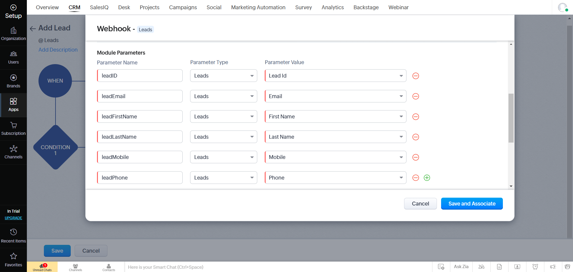 Add Lead webhook module parameters mapping lead fields