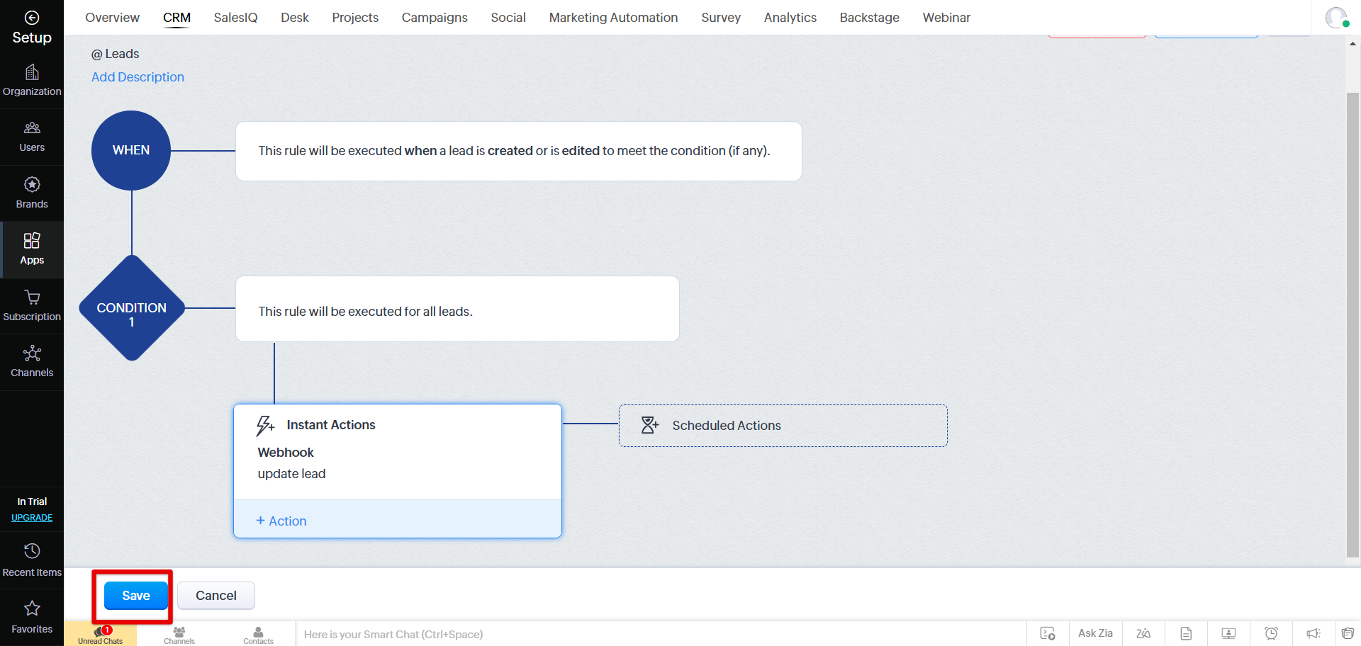 Add Lead workflow diagram with the webhook action and Save button highlighted