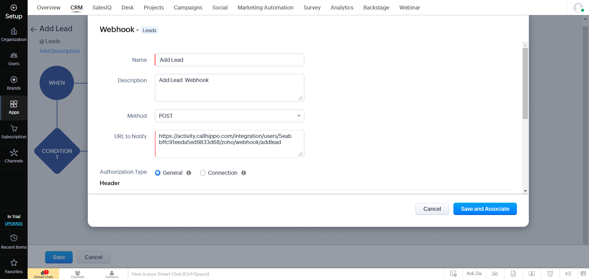 Add Lead webhook form with POST method and the CallHippo addlead notify URL