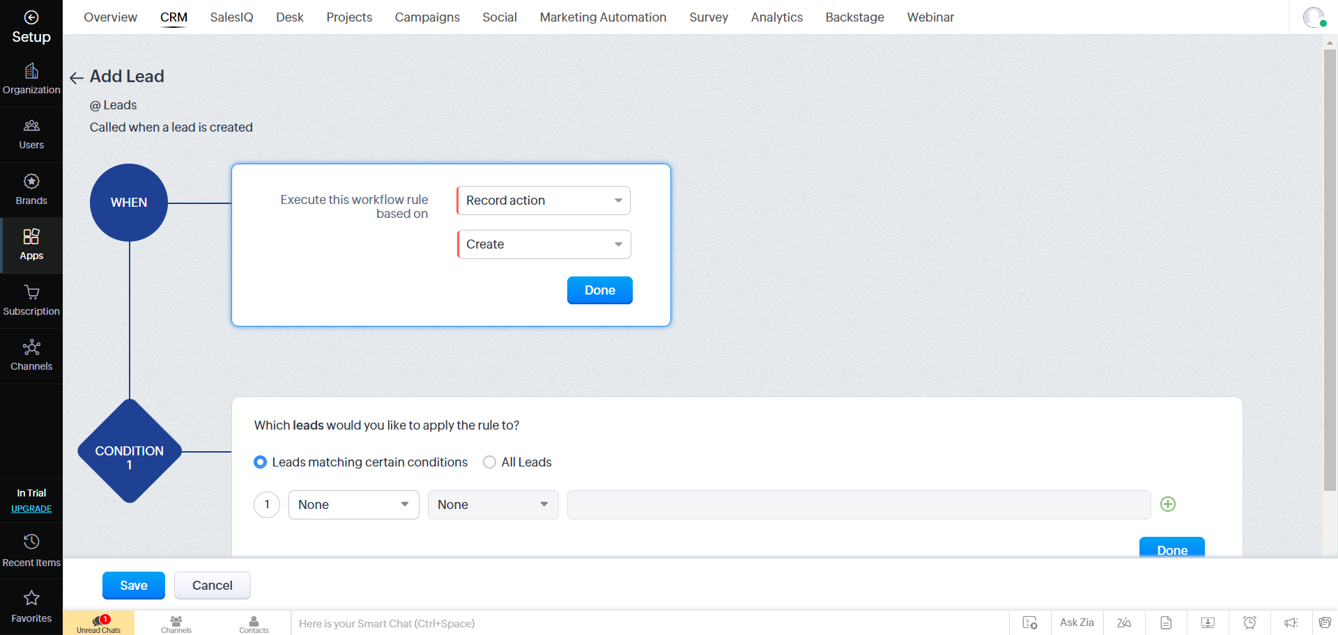 Add Lead workflow set to Record action Create for the Leads module