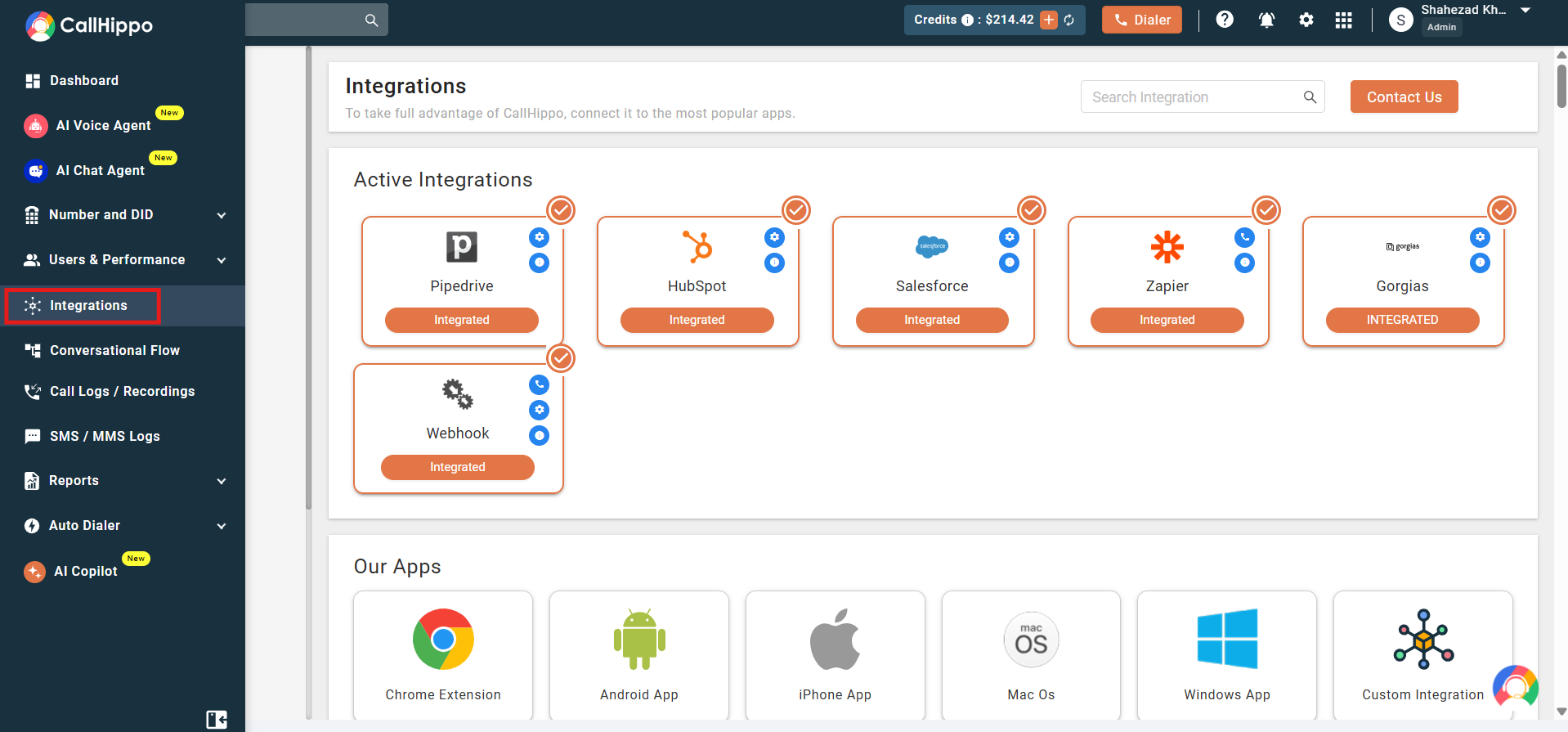 CallHippo Integrations page with the Integrations menu highlighted in the sidebar
