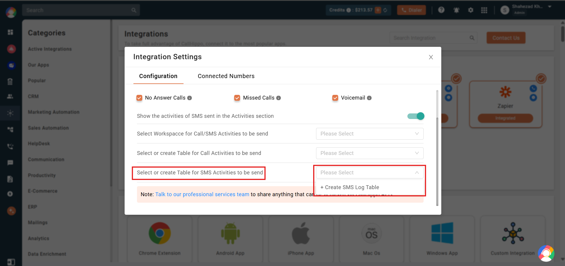 Zoho Analytics settings showing the option to create an SMS Log table