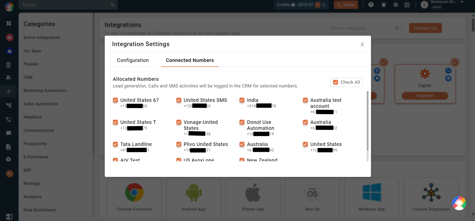 Zoho Analytics Connected Numbers tab listing allocated CallHippo numbers