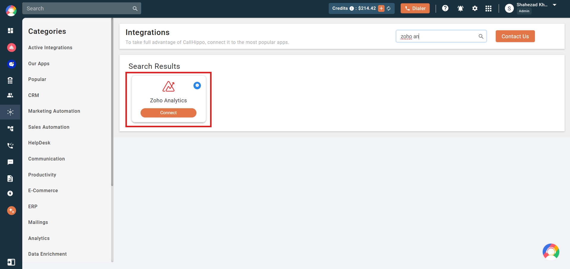 CallHippo Integrations search results showing Zoho Analytics with a Connect button