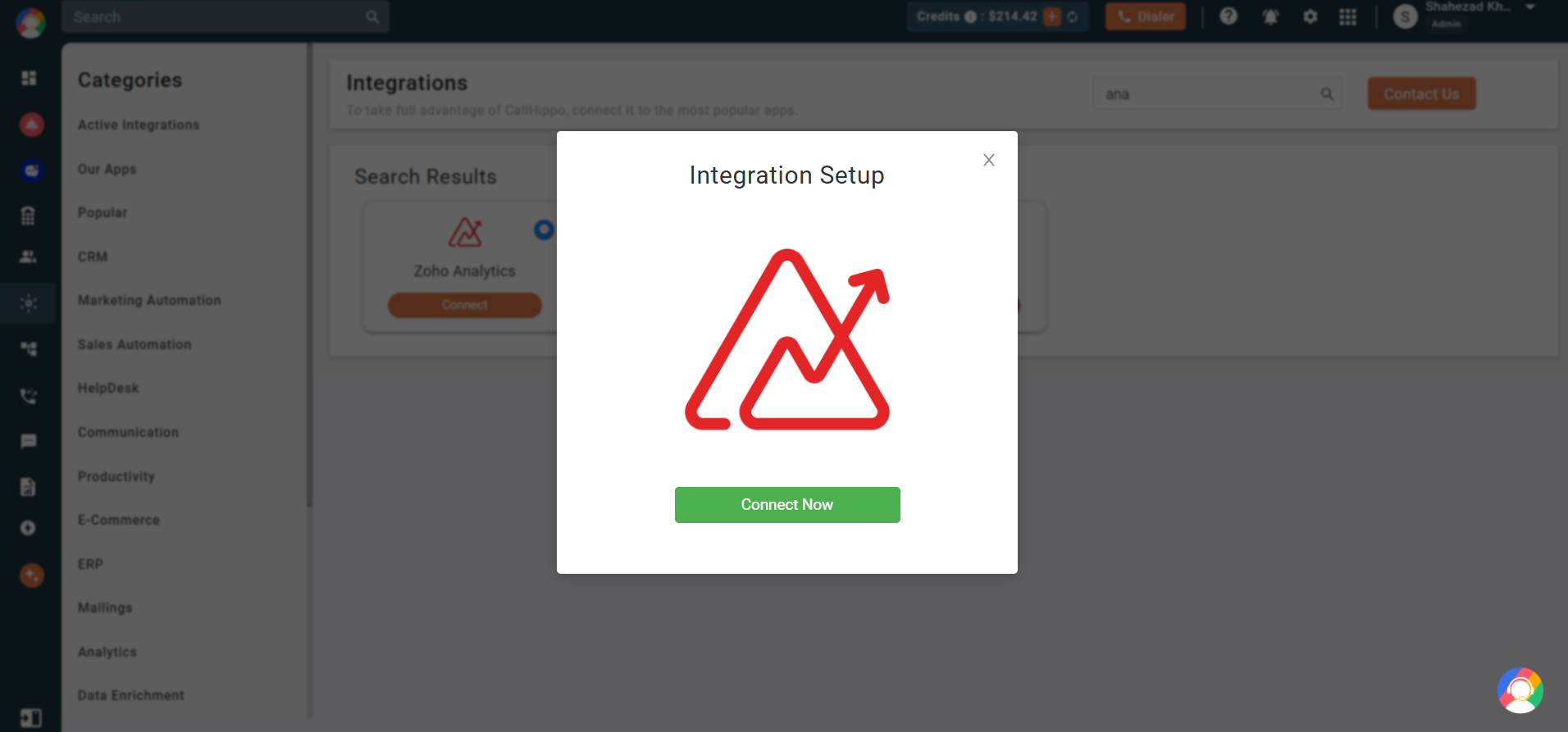 Zoho Analytics Integration Setup popup with a Connect Now button