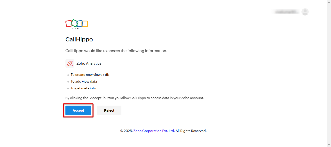 Zoho consent screen granting CallHippo access with the Accept button highlighted