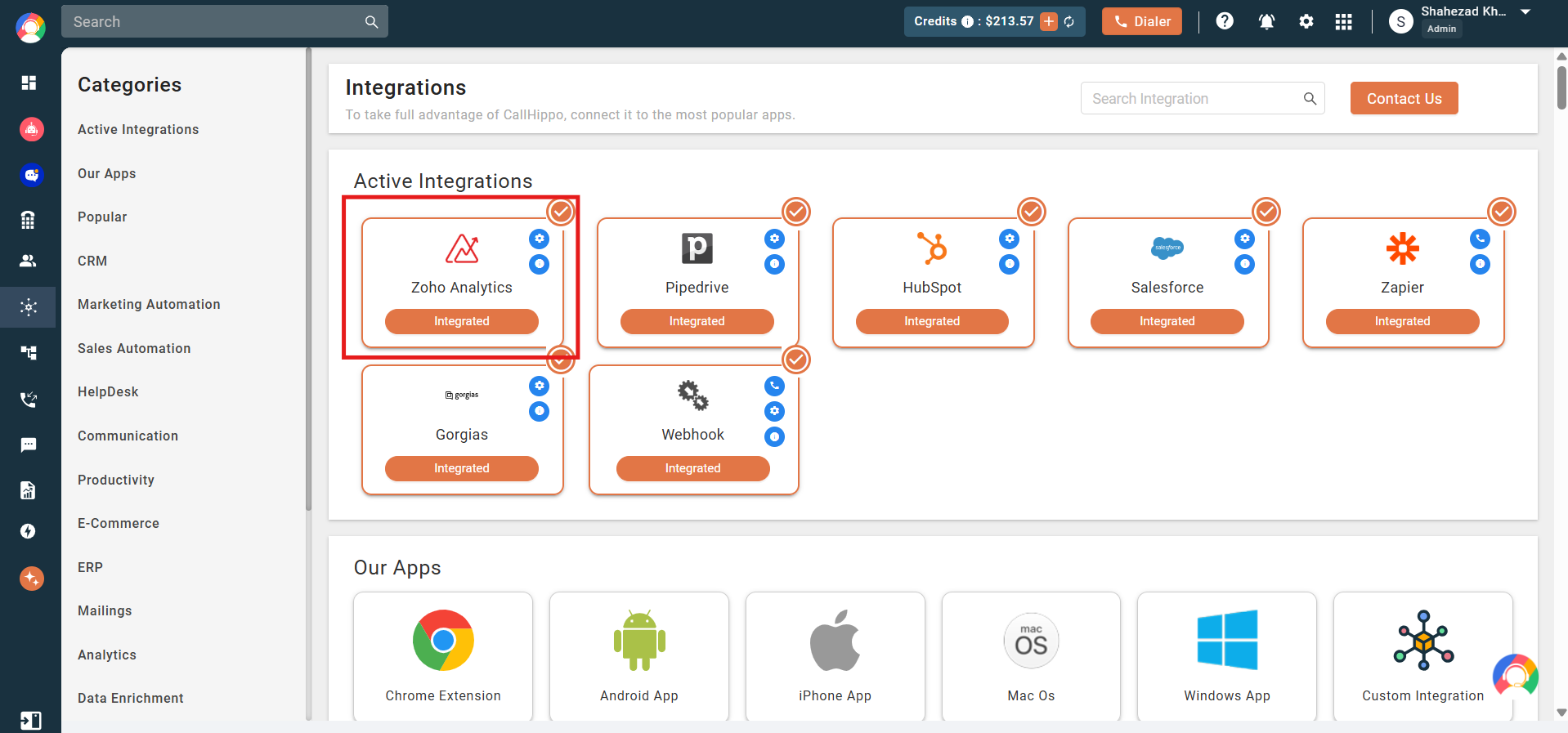 CallHippo Active Integrations showing Zoho Analytics as Integrated