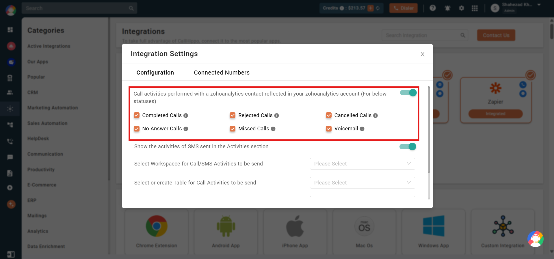 Zoho Analytics Configuration tab with call status checkboxes for which calls to sync