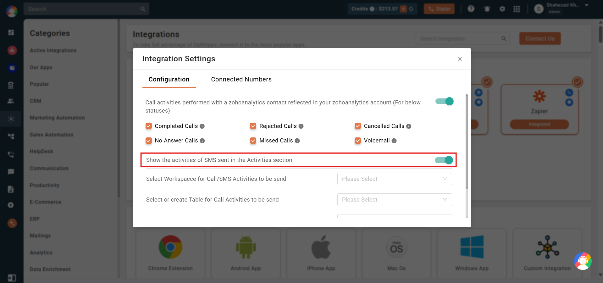 Zoho Analytics settings with the Show SMS activities toggle highlighted