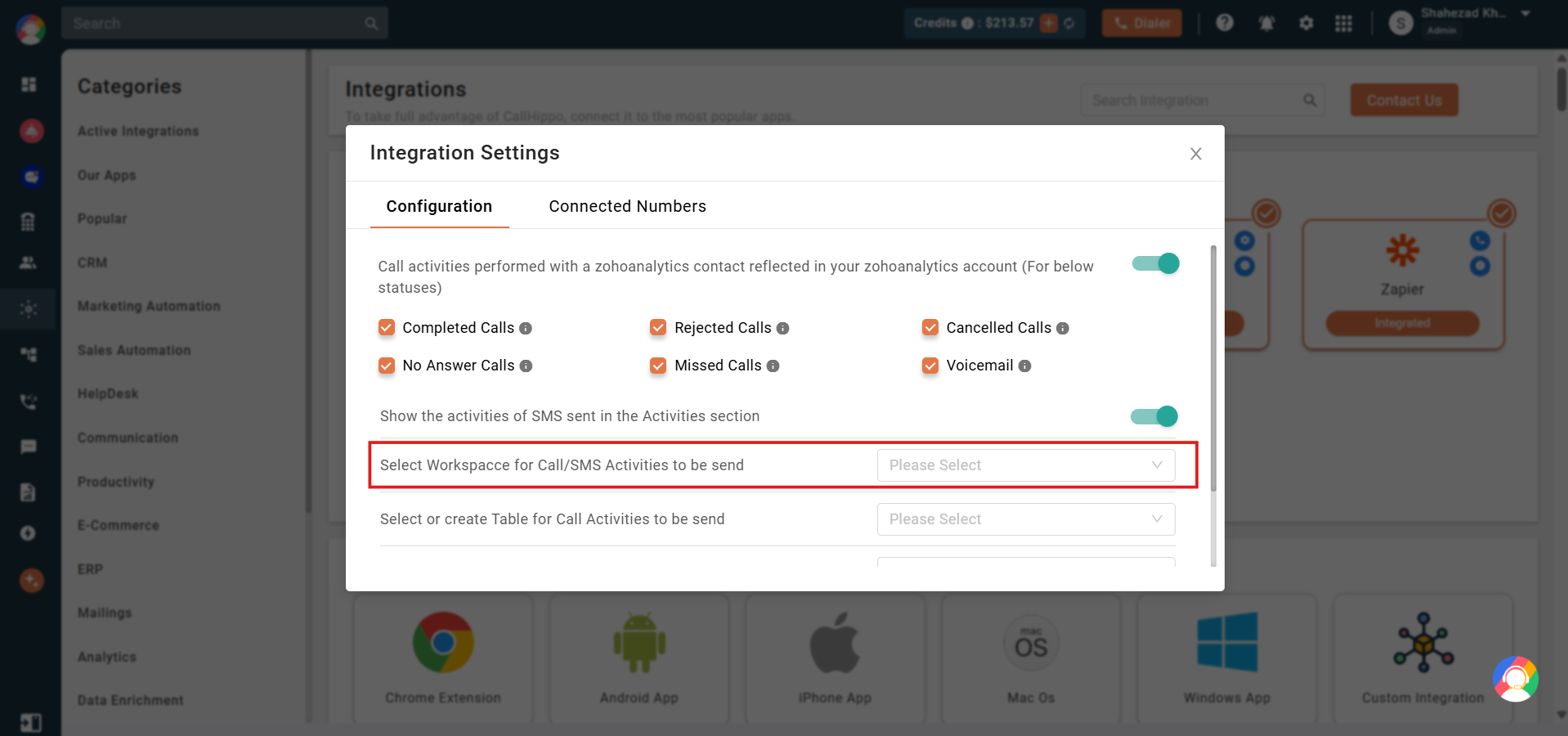 Zoho Analytics settings with the Select Workspace dropdown highlighted