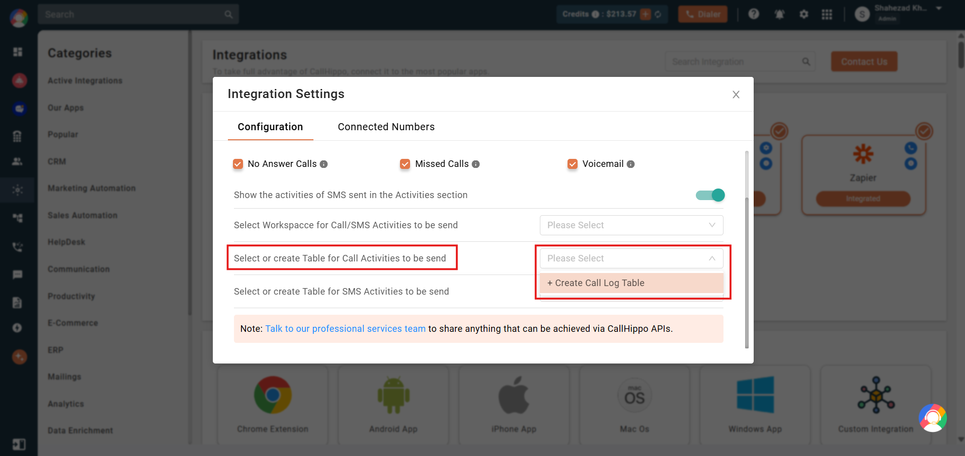 Zoho Analytics settings showing the option to create a Call Log table