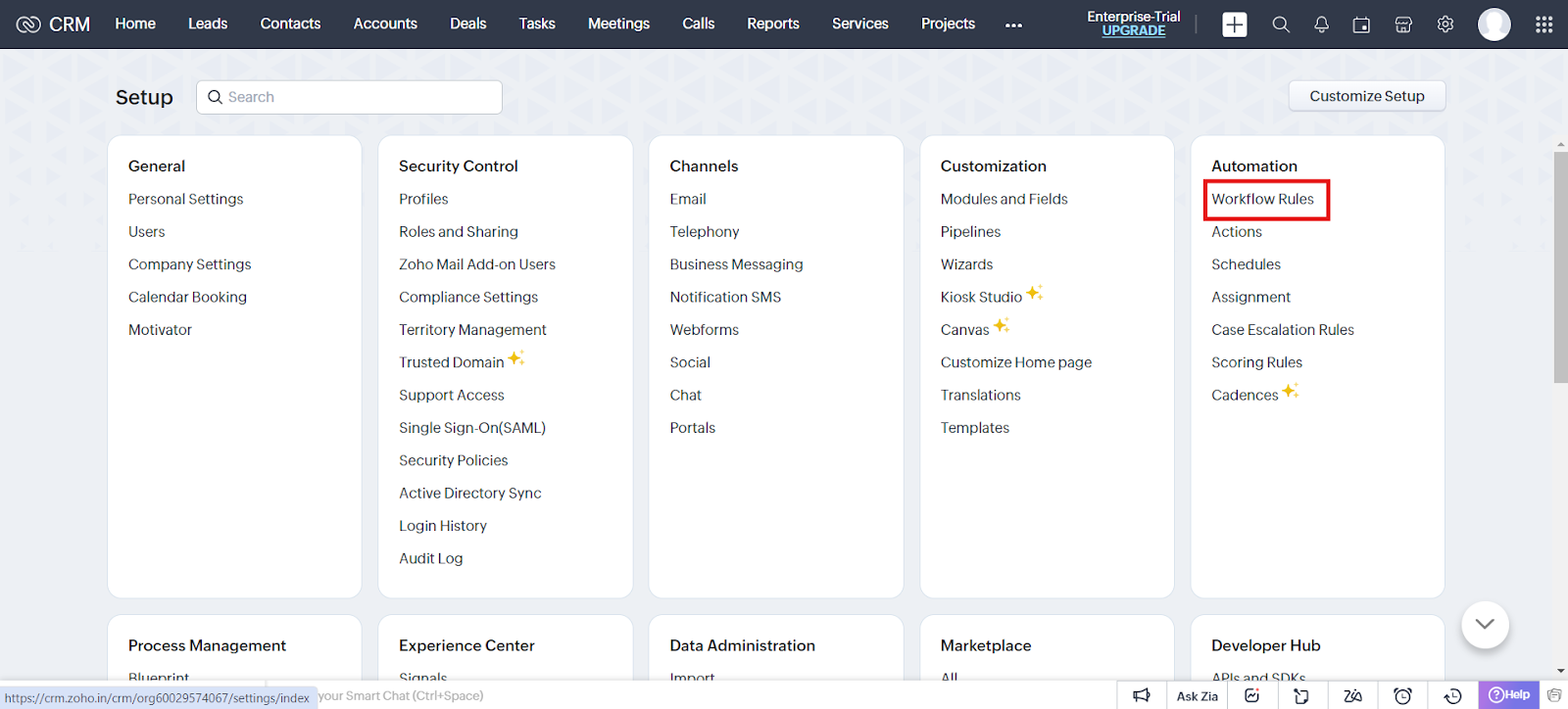 Zoho CRM Setup page with Workflow Rules highlighted under Automation