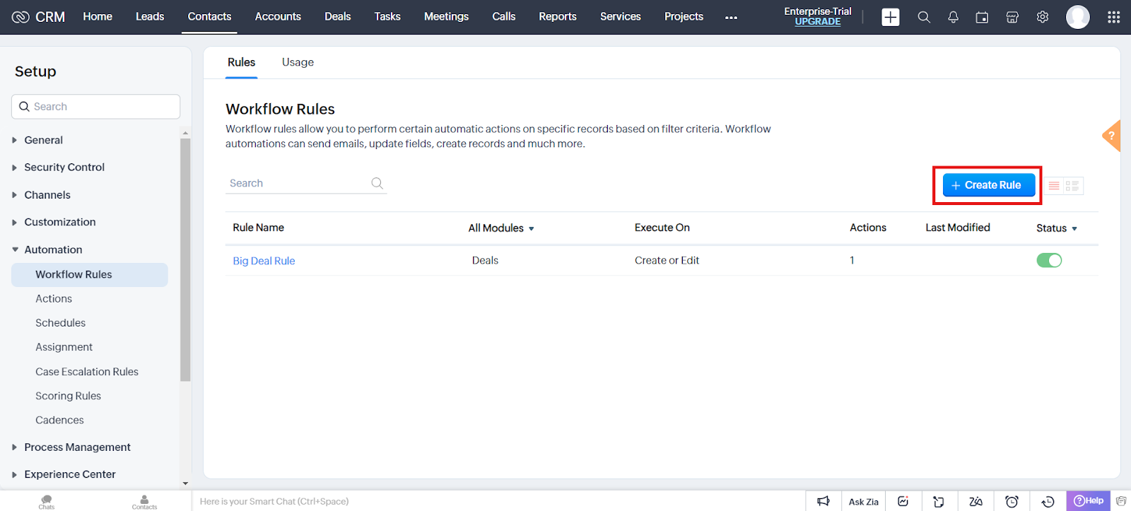 Zoho CRM Workflow Rules page with the Create Rule button highlighted