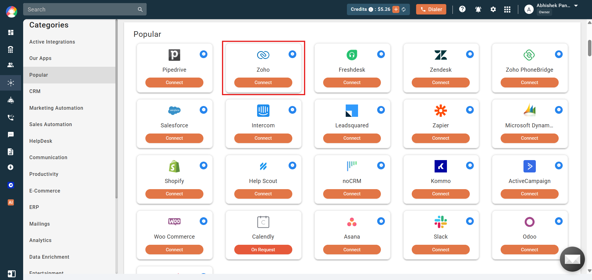 Zoho integration card with Connect button in CallHippo Integrations