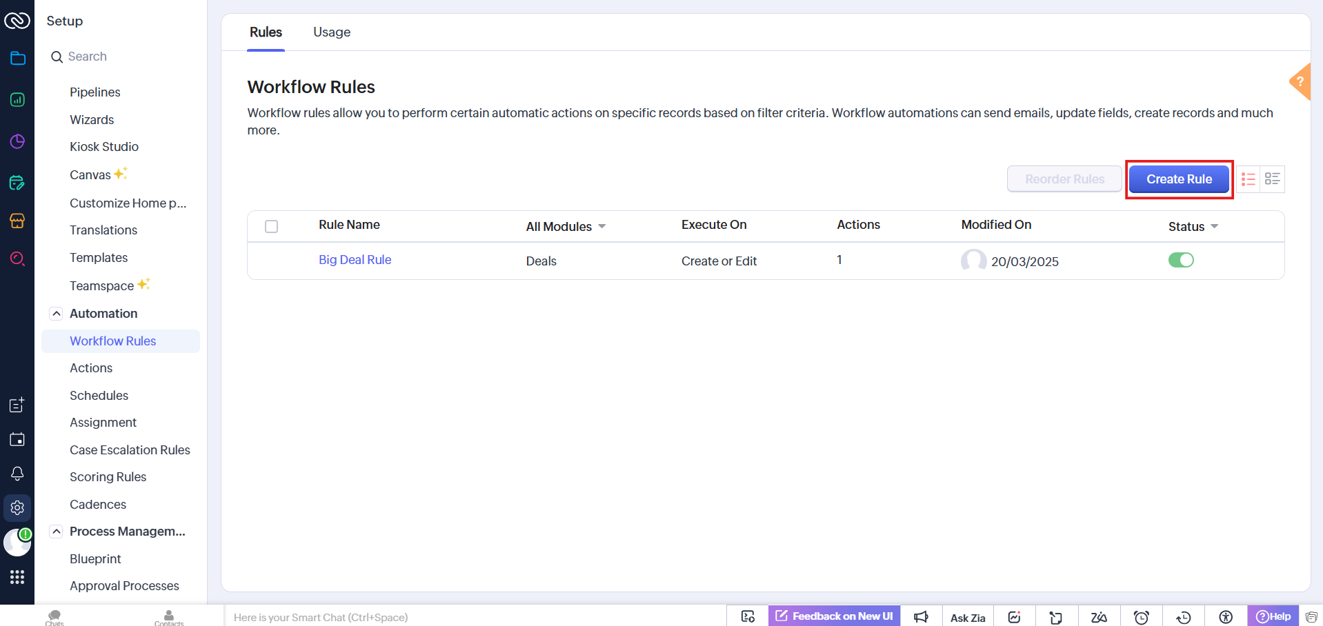 Workflow Rules page with Create Rule button highlighted