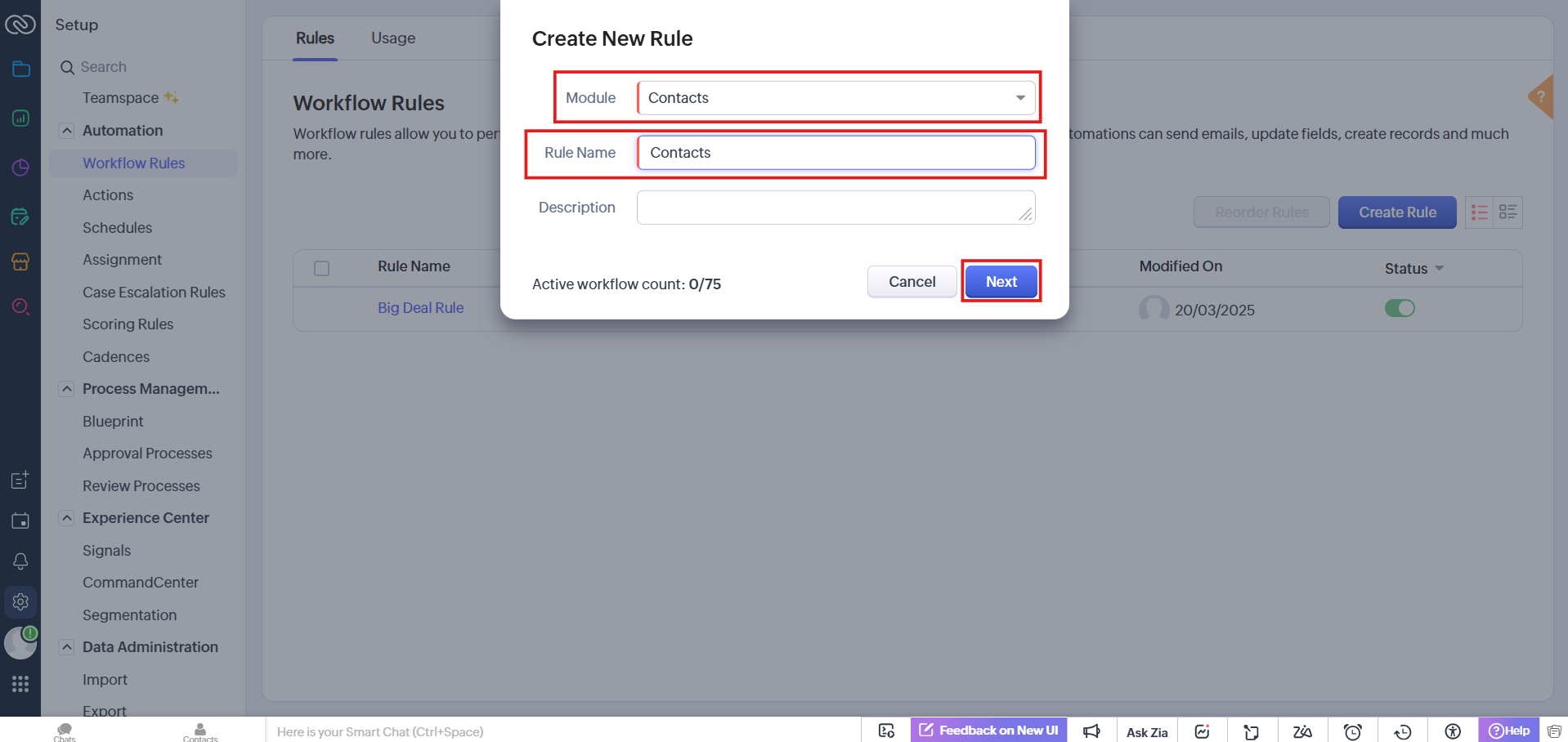 Create New Rule dialog with Module set to Contacts and a rule name