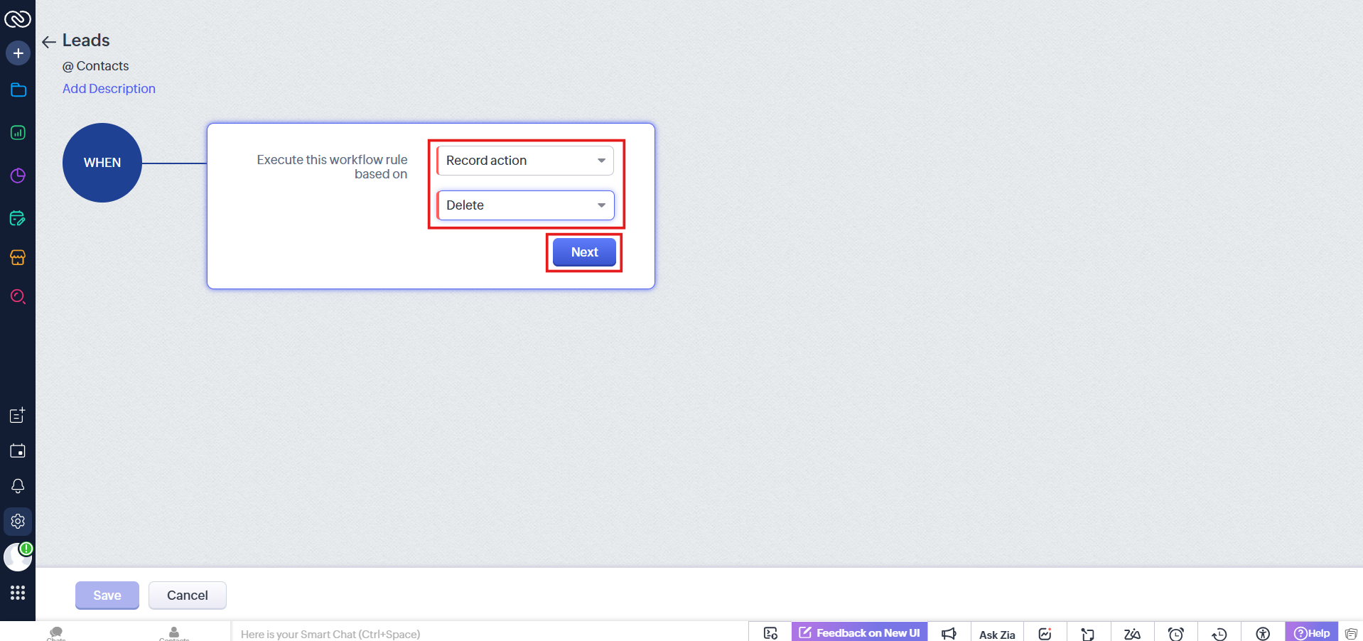 Workflow trigger set to Record action and Delete, then Next