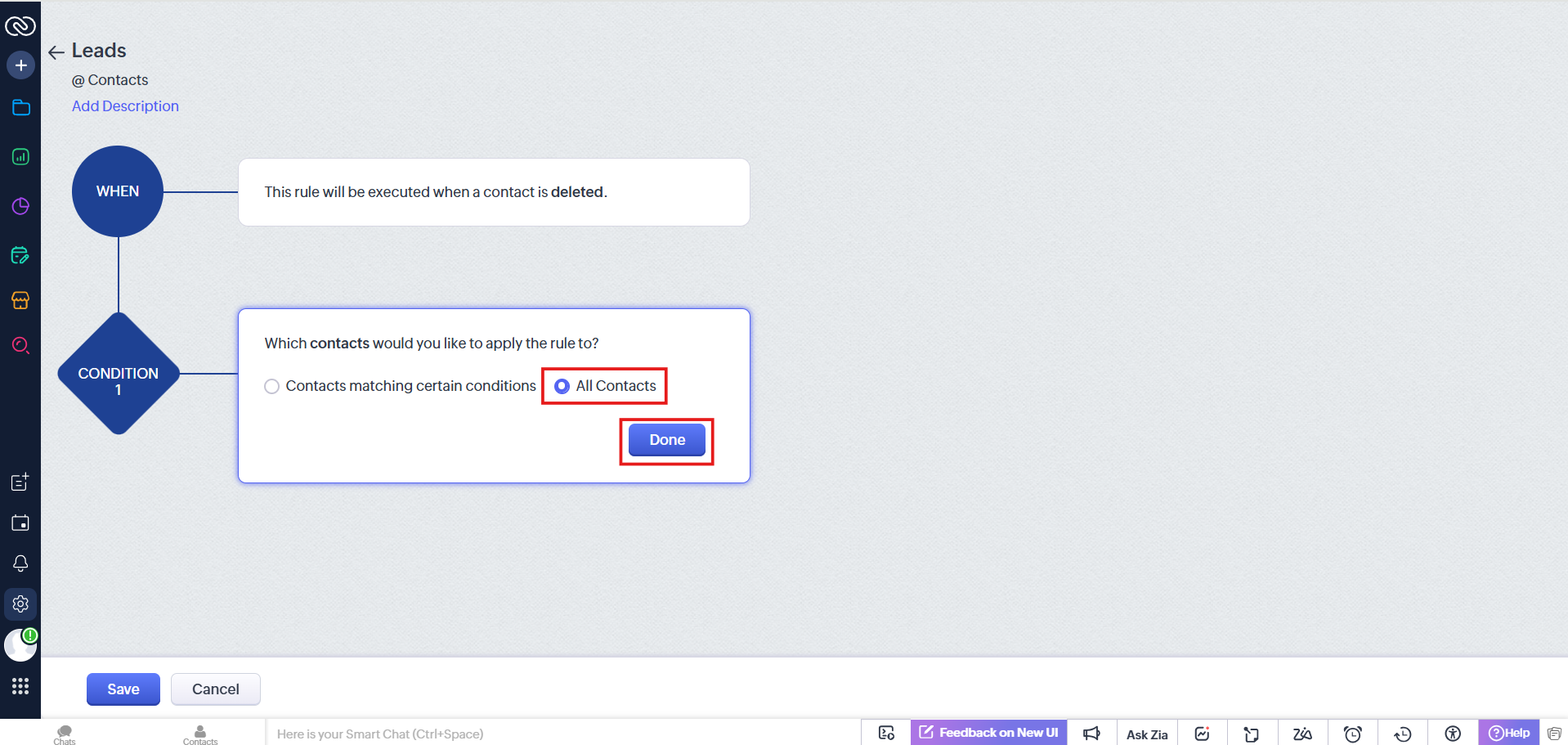 Condition set to All Contacts with Done button