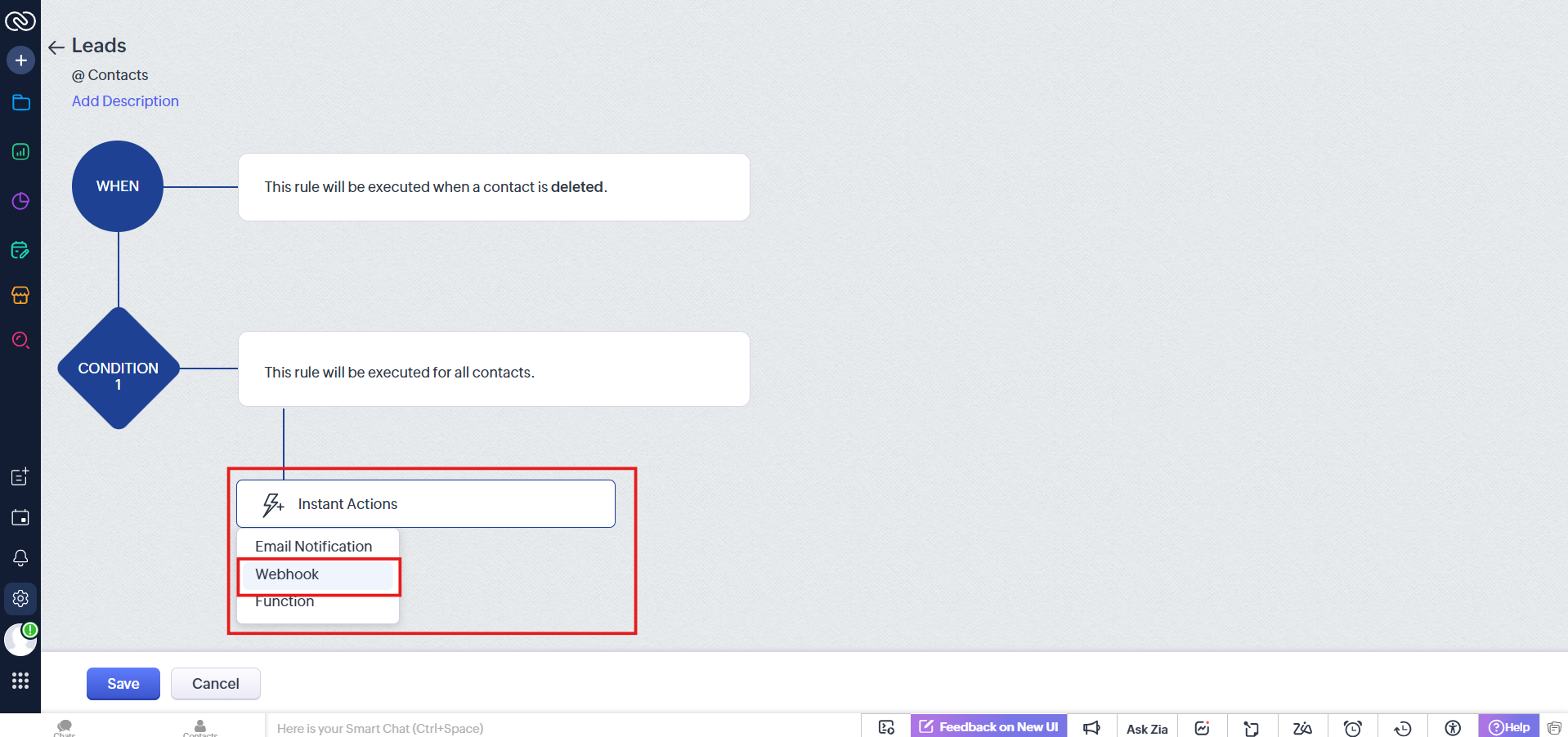 Instant Actions dropdown with Webhook selected