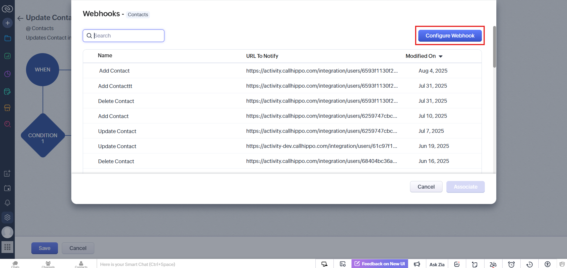 Webhooks list with Configure Webhook button highlighted