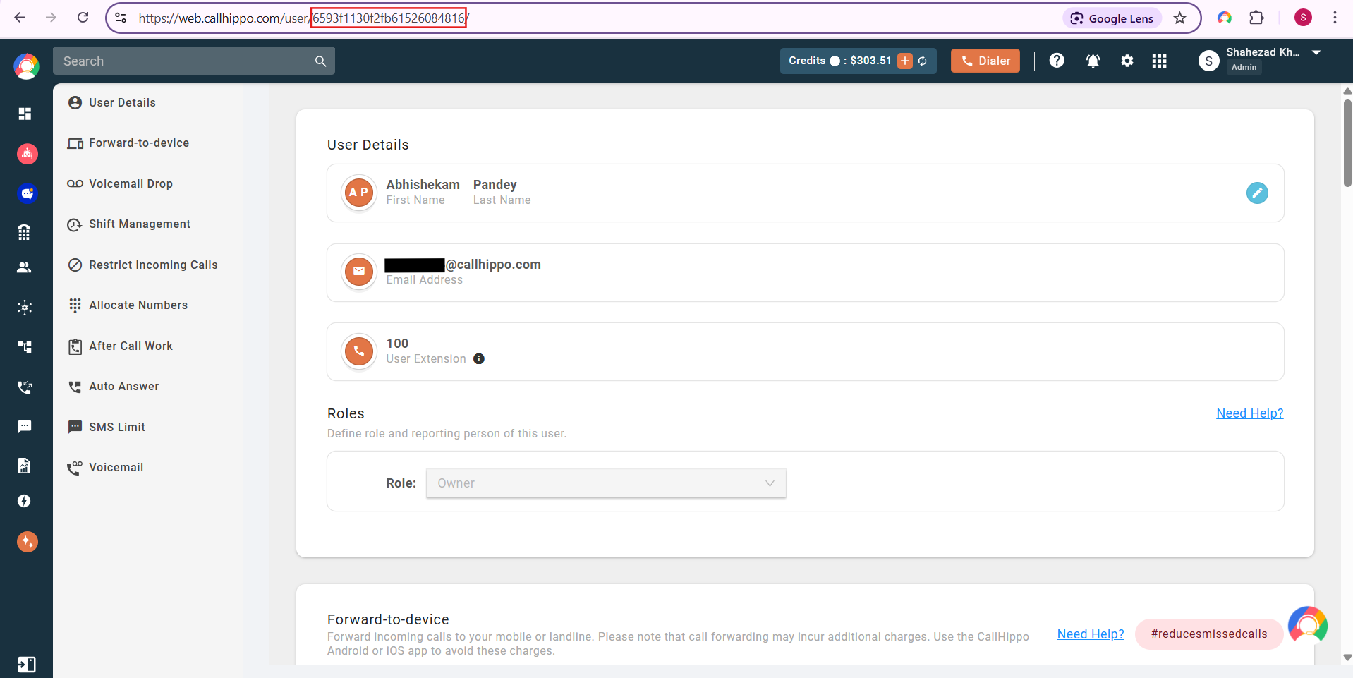 CallHippo Owner user details page with the Owner ID shown in the URL