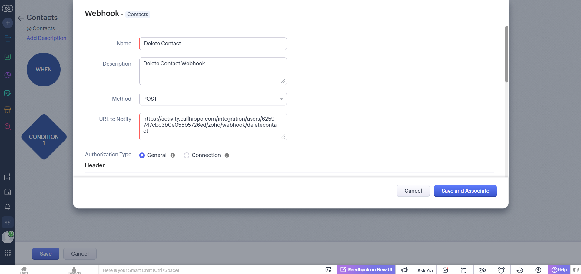 Delete Contact webhook form with name, method POST, URL to notify and General authorization