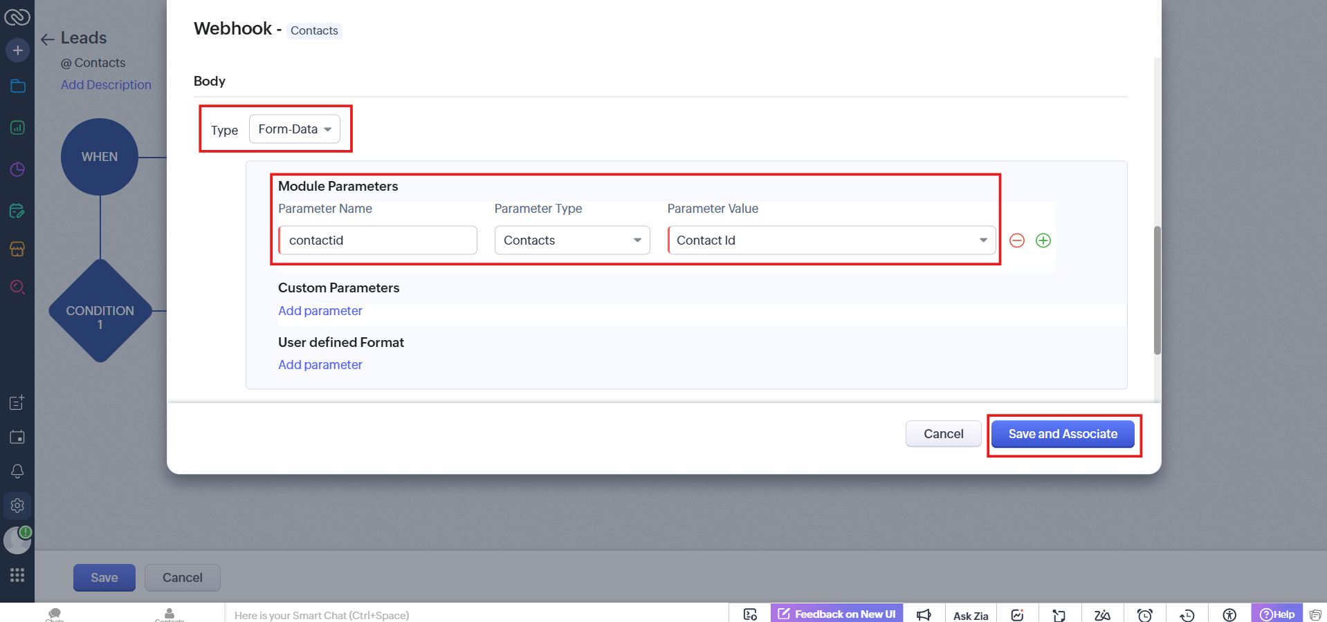 Webhook body set to Form-Data with contactId module parameter