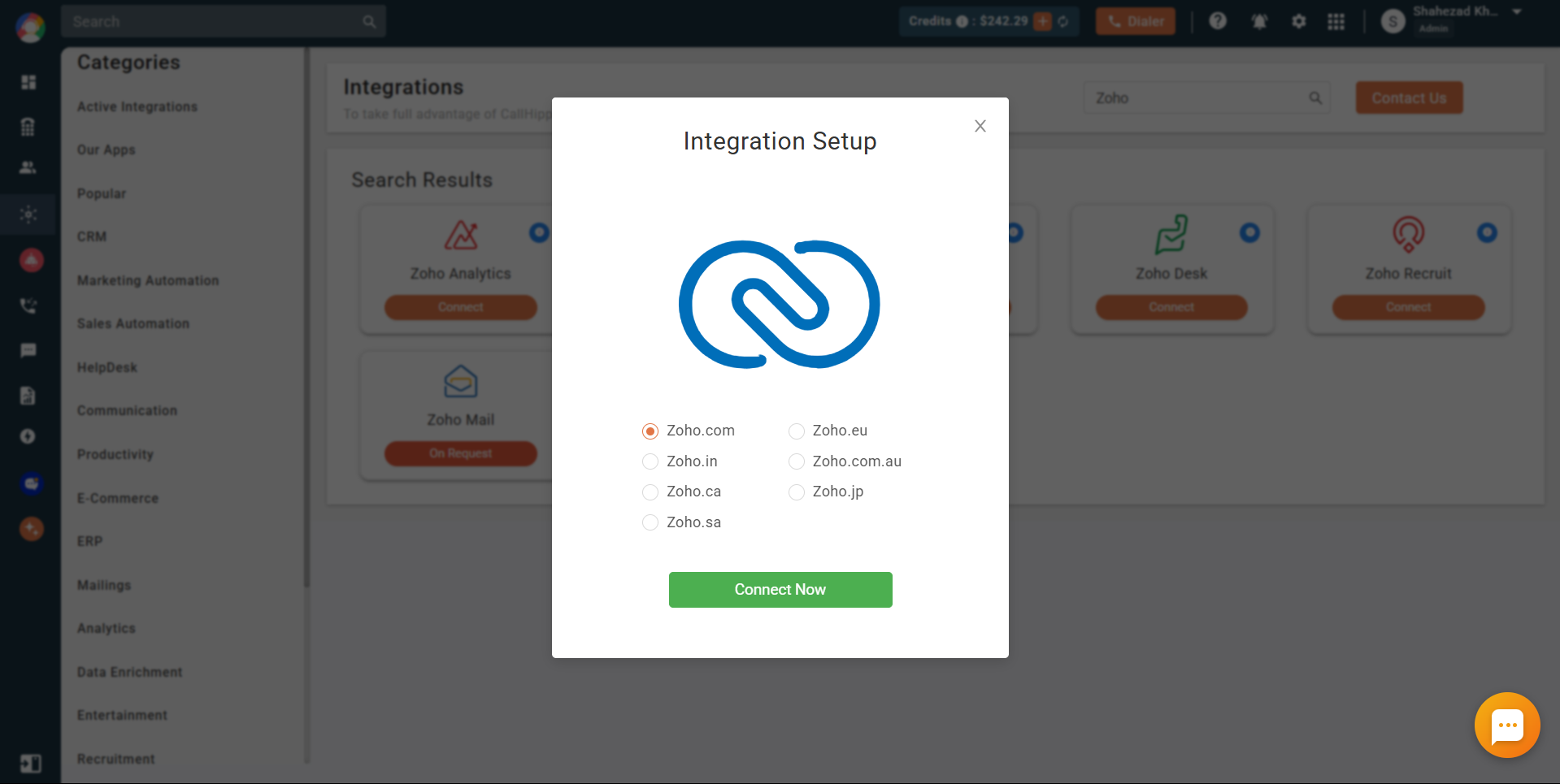 Integration Setup popup to select Zoho domain and click Connect Now