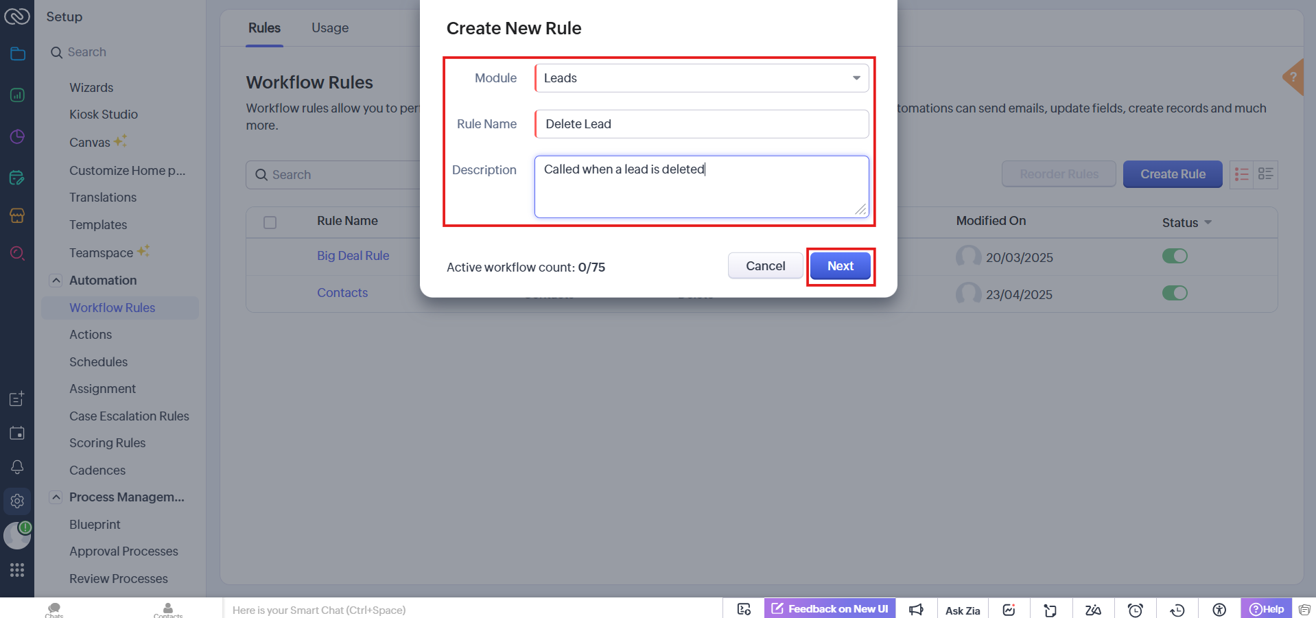 Create New Rule dialog with Module set to Leads and name Delete Lead