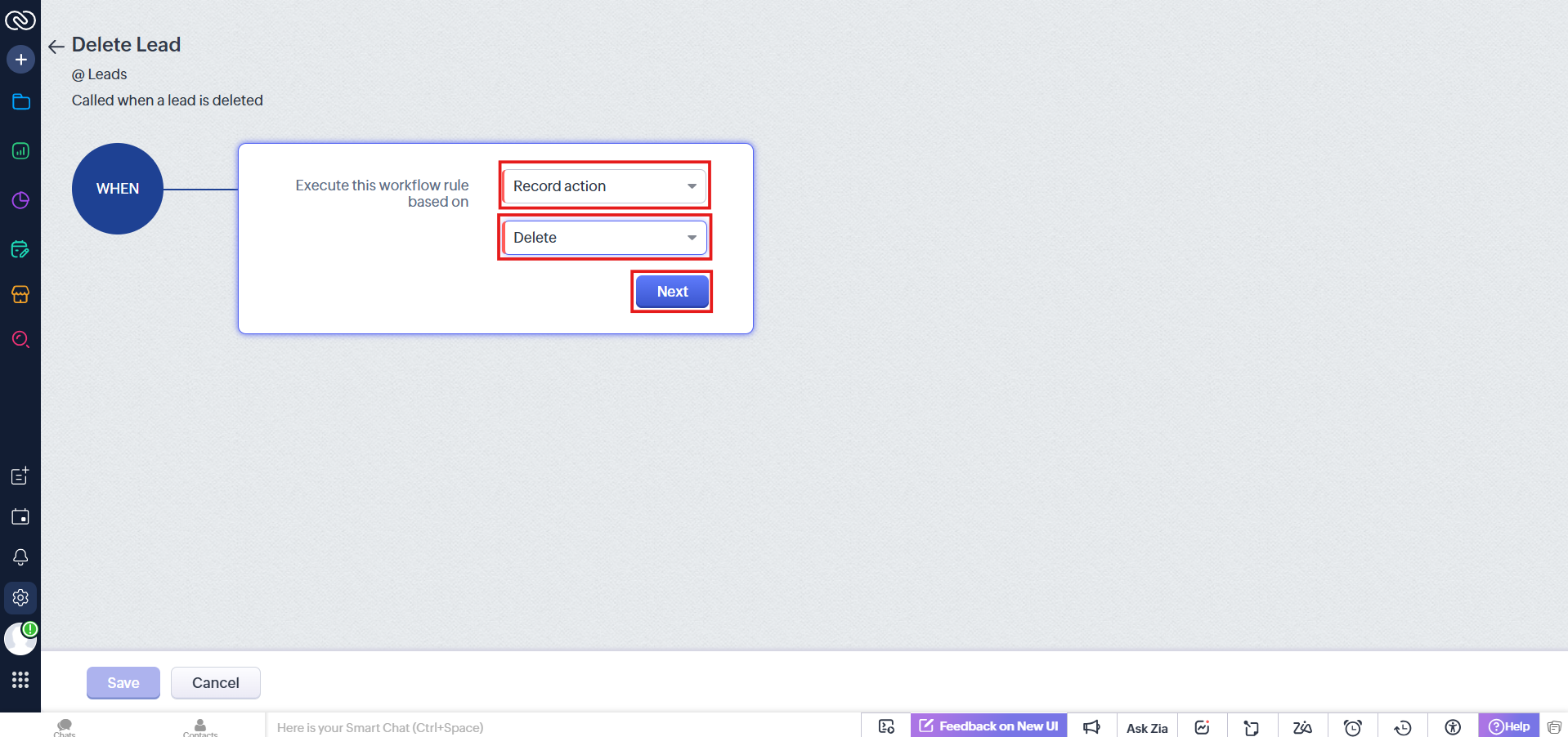 Delete Lead trigger set to Record action and Delete, then Next