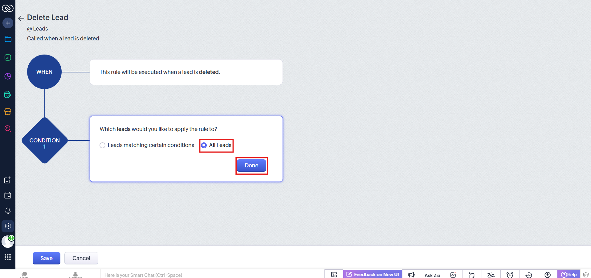 Condition set to All Leads with Done button