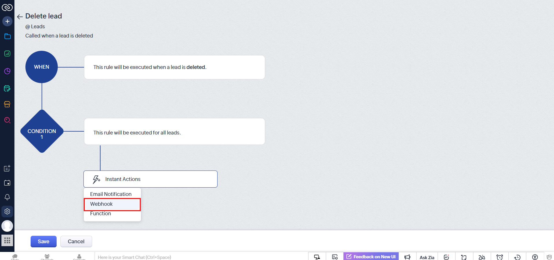 Instant Actions dropdown for Leads with Webhook selected