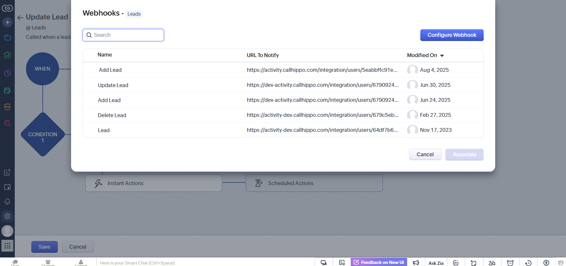 Leads webhooks list with Configure Webhook button