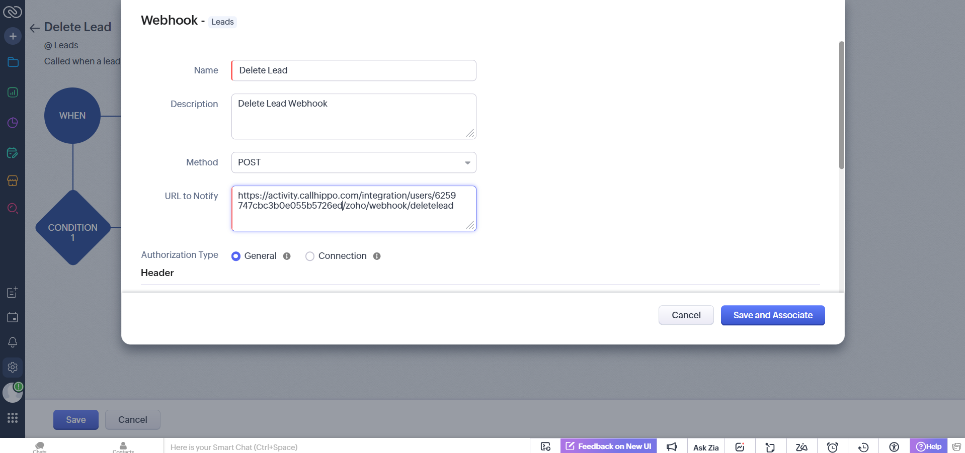 Delete Lead webhook form with name, method POST, URL to notify and General authorization