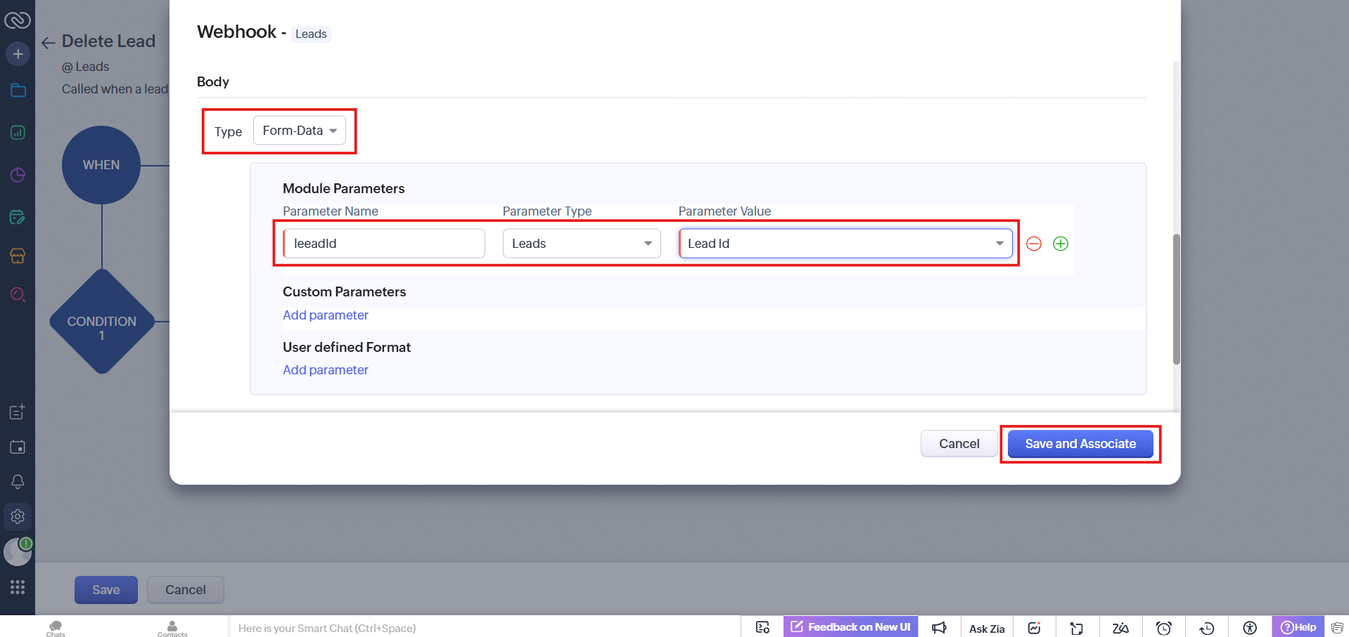 Webhook body set to Form-Data with leadId module parameter