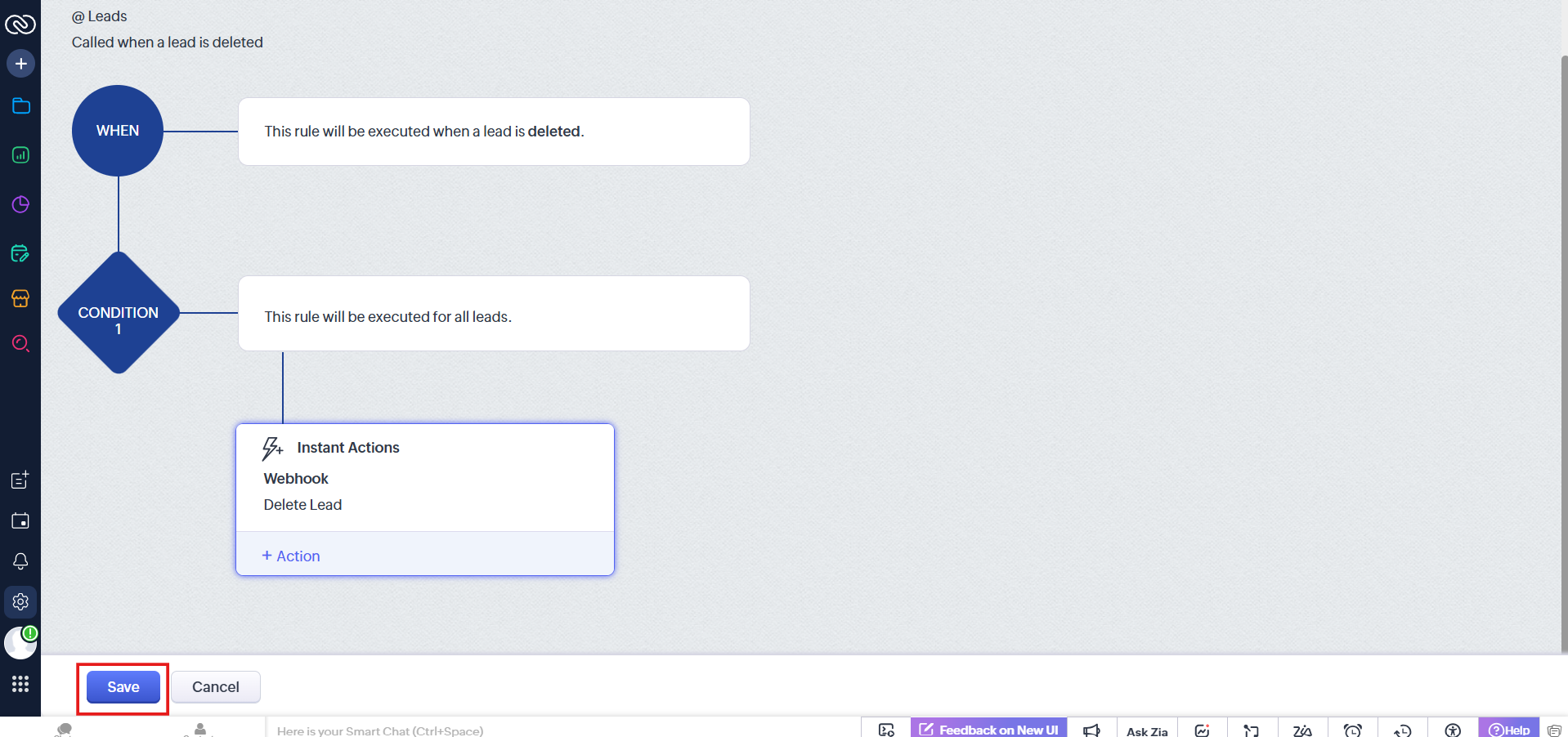 Completed Delete Lead rule with webhook action, ready to Save